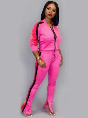 2 Piece Sideline Sweatshirt Jacket Slit Flare Pants