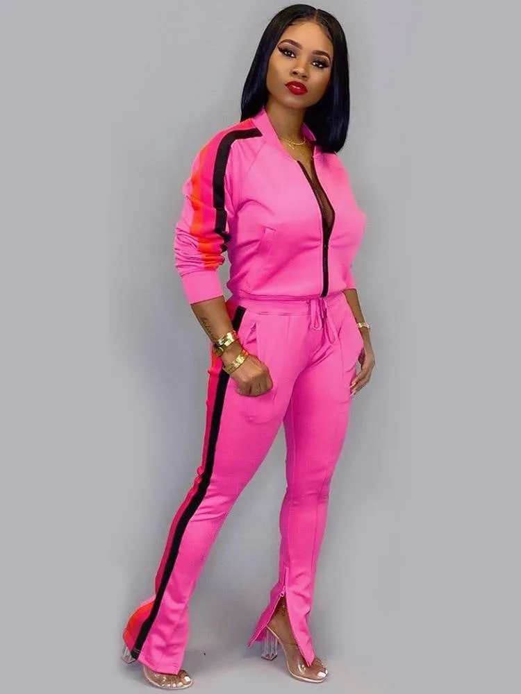 2 Piece Sideline Sweatshirt Jacket Slit Flare Pants