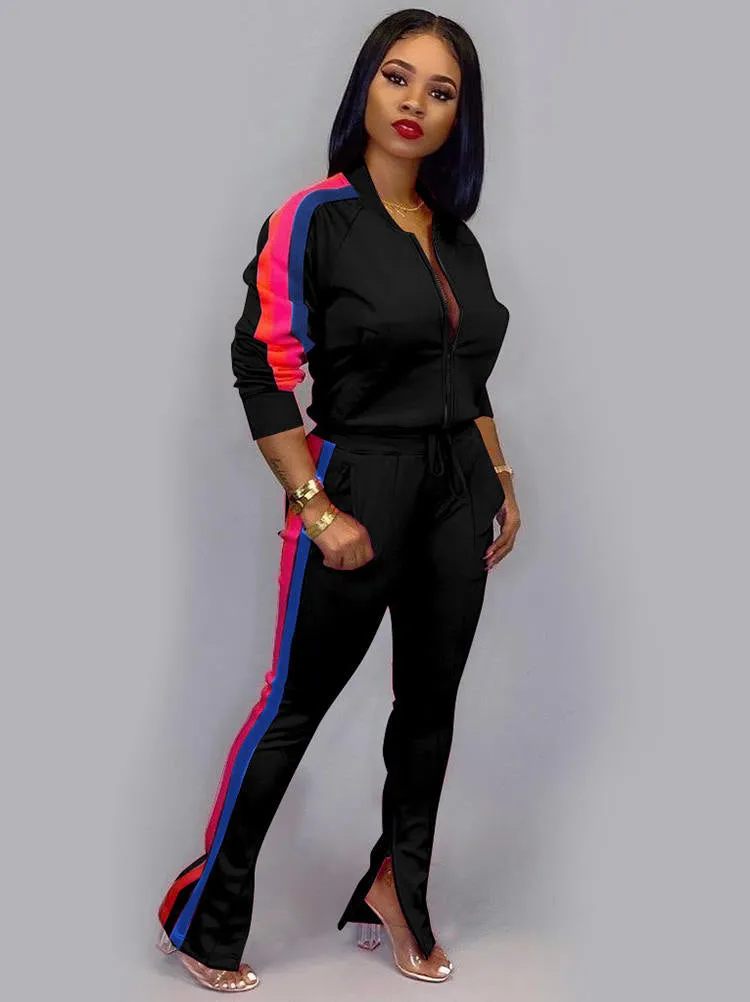 2 Piece Sideline Sweatshirt Jacket Slit Flare Pants