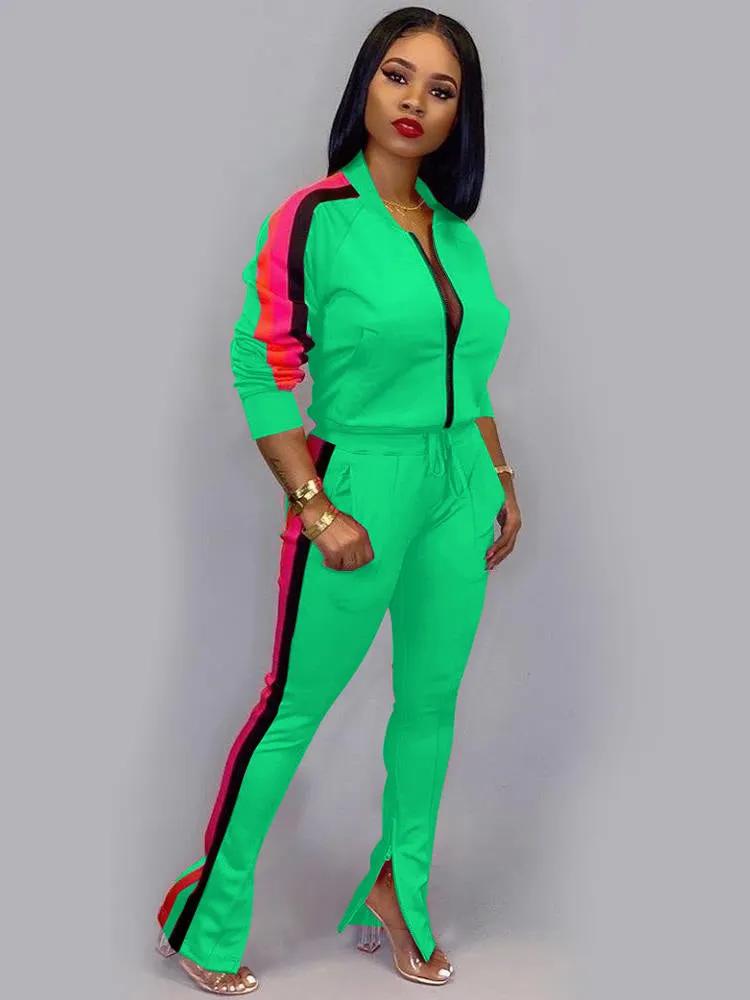 2 Piece Sideline Sweatshirt Jacket Slit Flare Pants