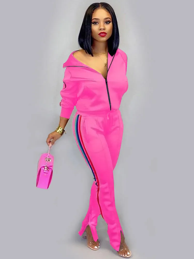 2 Piece Sideline Sweatshirt Jacket Slit Flare Pants