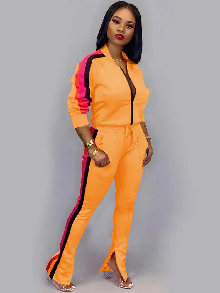 2 Piece Sideline Sweatshirt Jacket Slit Flare Pants
