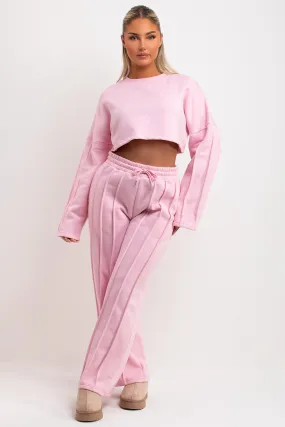 Baby Pink Tracksuit Joggers And Crop Sweatshirt With Seam Detail