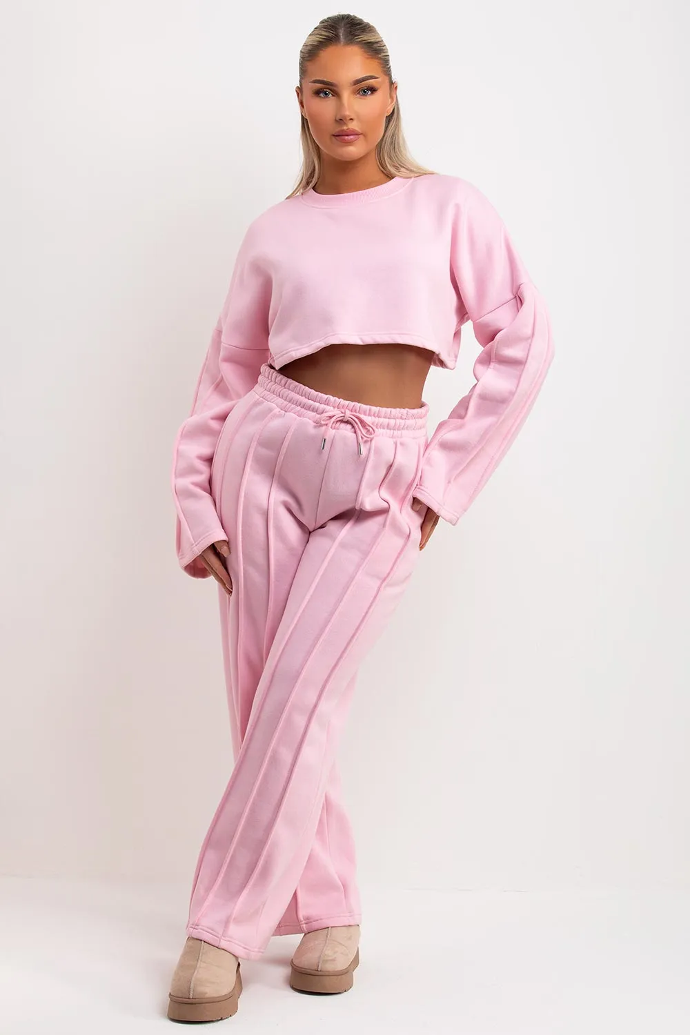 Baby Pink Tracksuit Joggers And Crop Sweatshirt With Seam Detail