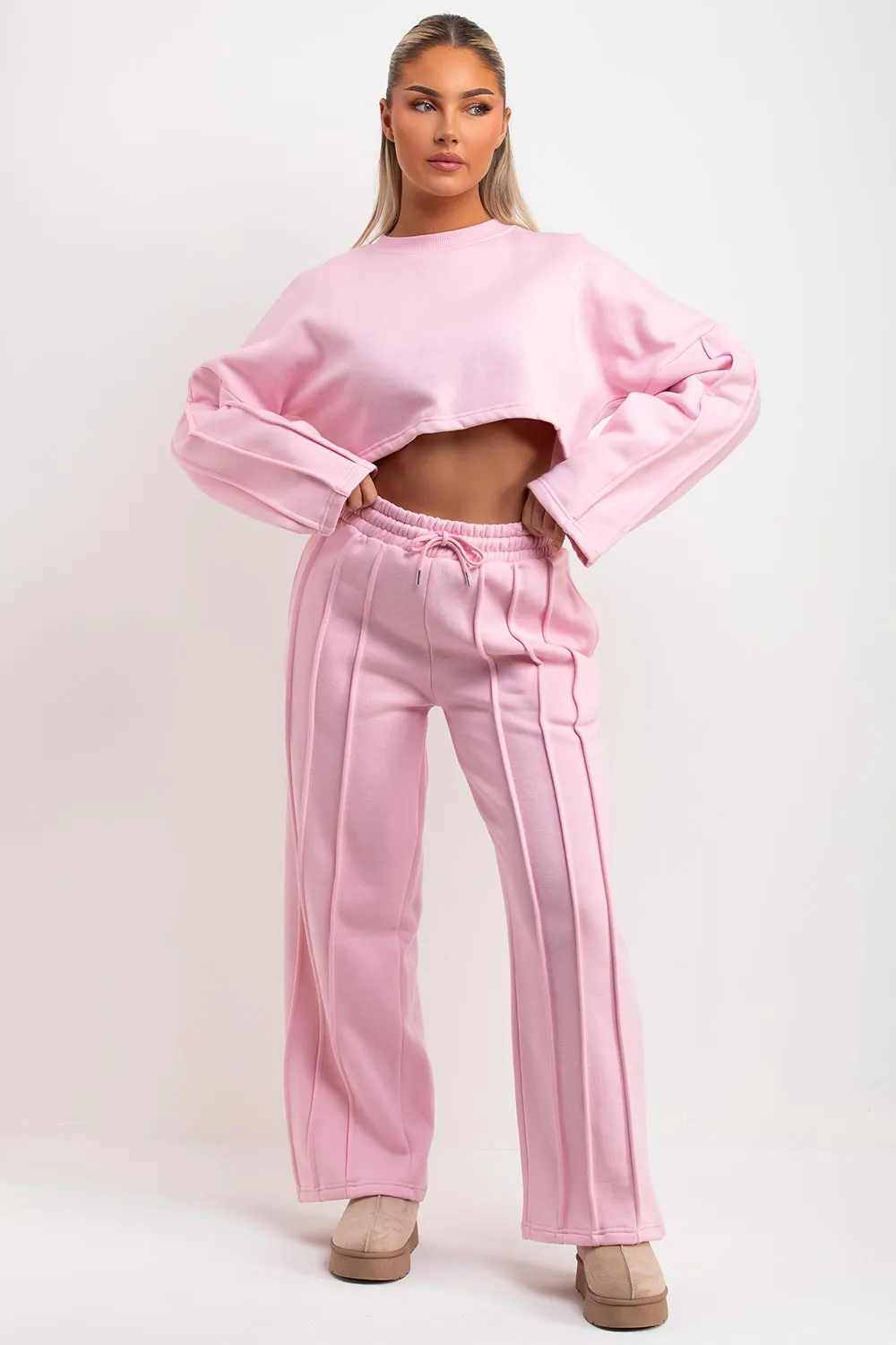 Baby Pink Tracksuit Joggers And Crop Sweatshirt With Seam Detail