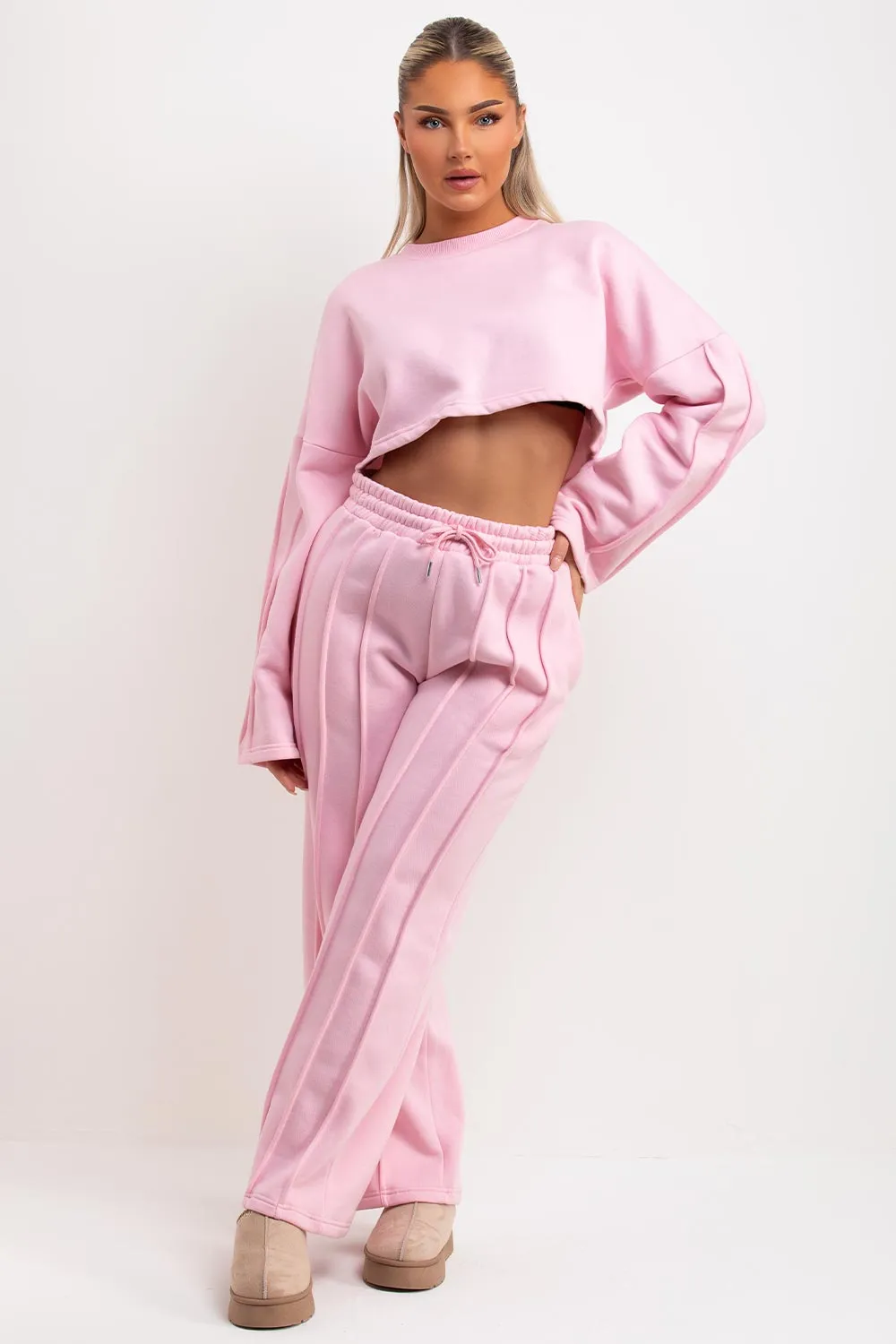 Baby Pink Tracksuit Joggers And Crop Sweatshirt With Seam Detail