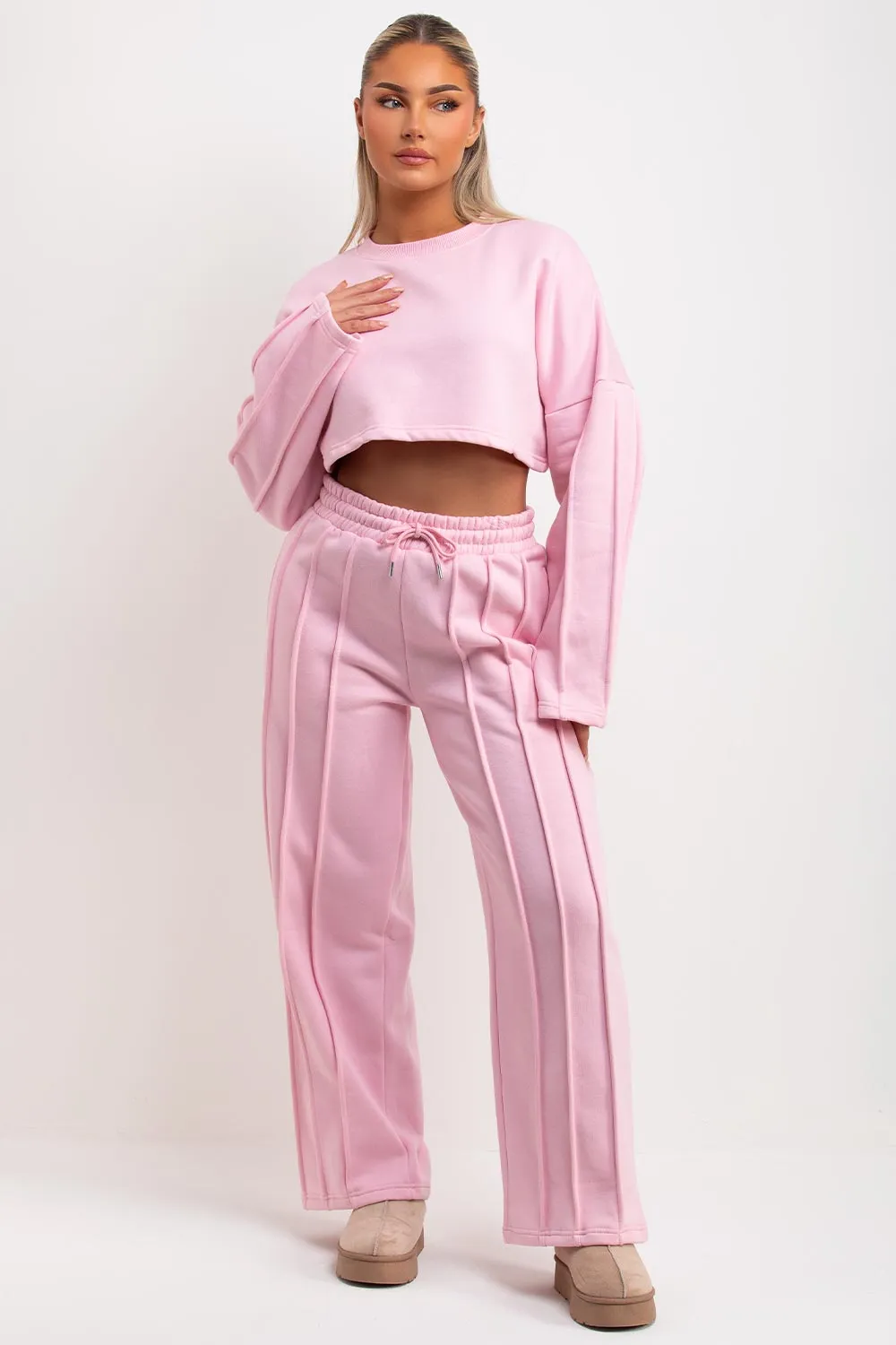 Baby Pink Tracksuit Joggers And Crop Sweatshirt With Seam Detail