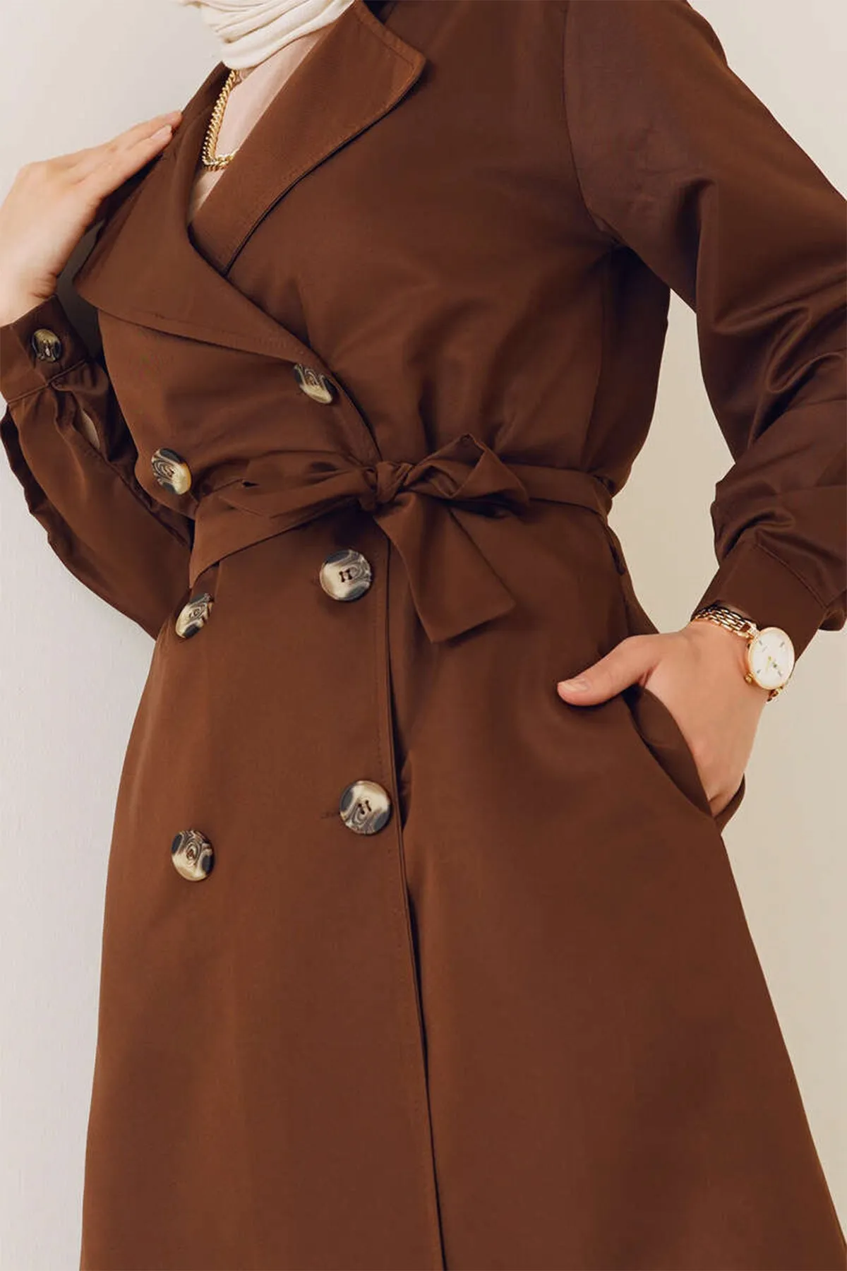 BGD Women T5853 Wrap Neck Hijab Trench Coat - Brown - Avondale