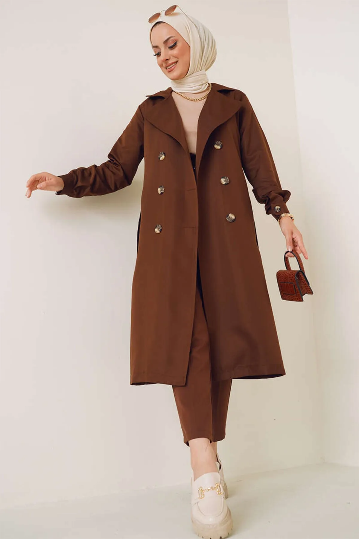 BGD Women T5853 Wrap Neck Hijab Trench Coat - Brown - Avondale