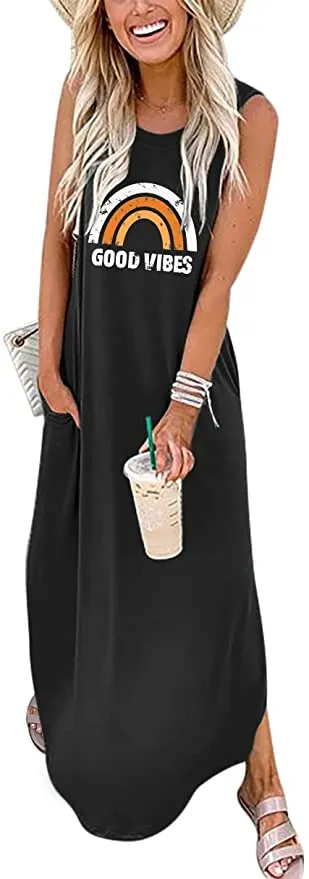 Black Rainbow Women's Casual Loose Long Sleeveless Sundress with Pockets - ANRABESS