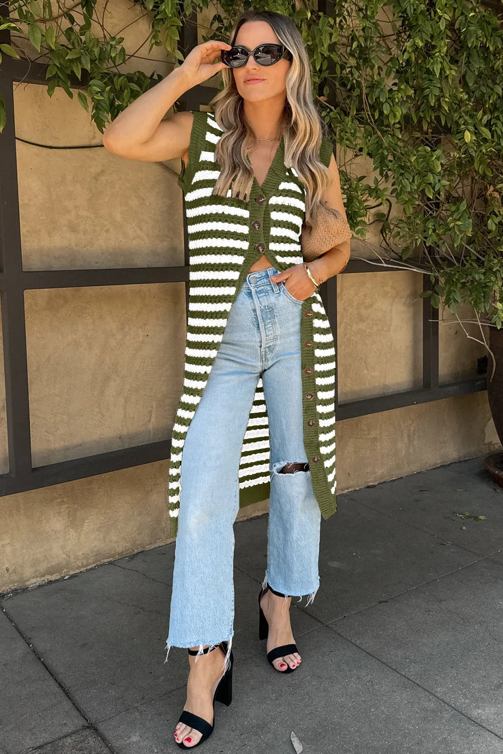 Blackish Green Buttoned Front Sleeveless Pencil Midi Sweater Dress