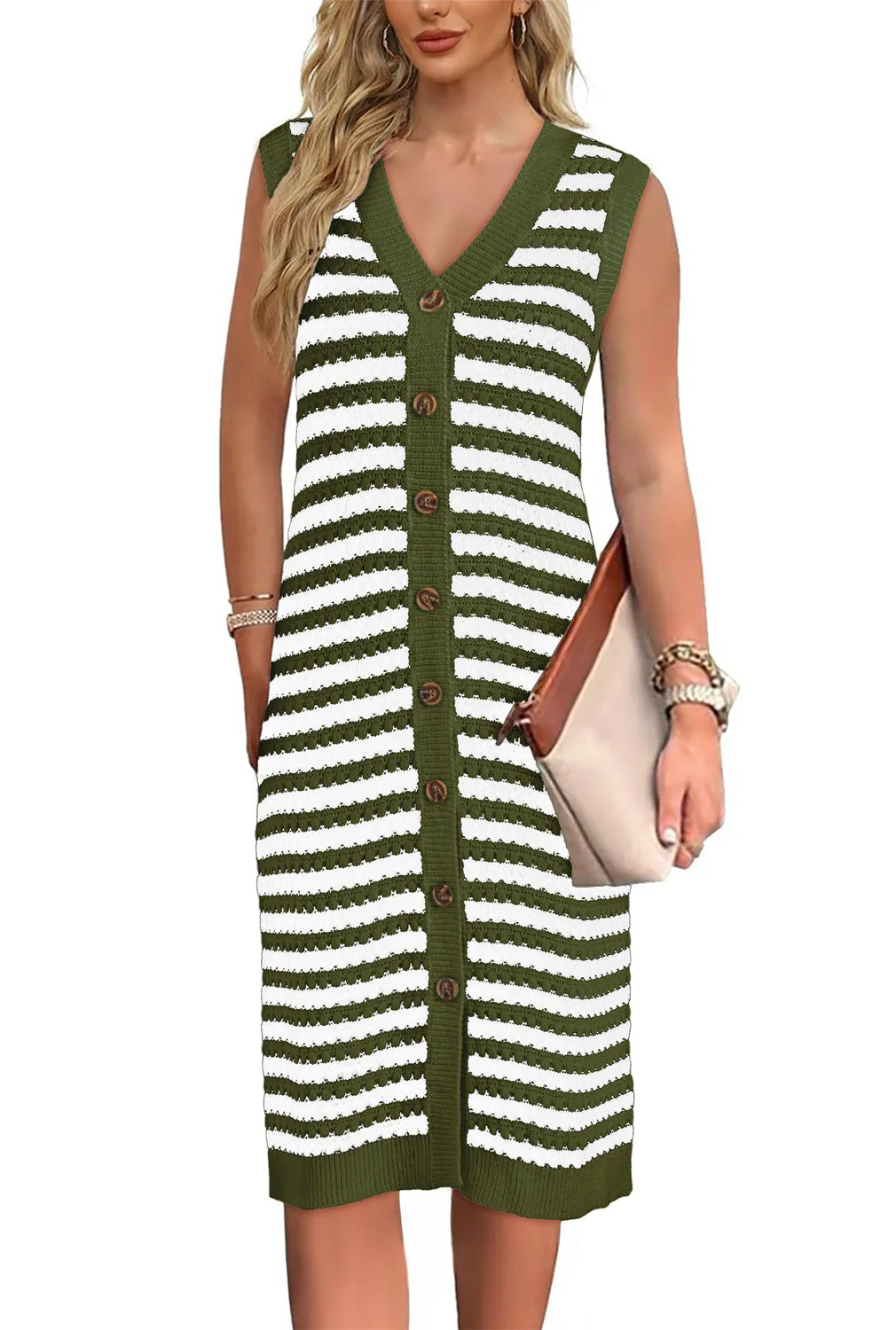 Blackish Green Buttoned Front Sleeveless Pencil Midi Sweater Dress