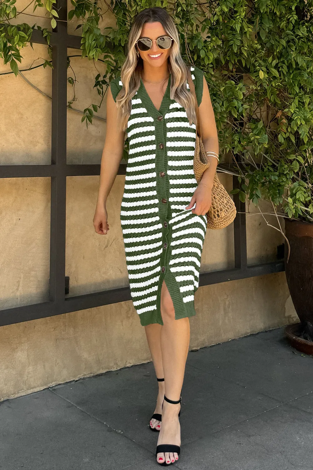 Blackish Green Buttoned Front Sleeveless Pencil Midi Sweater Dress