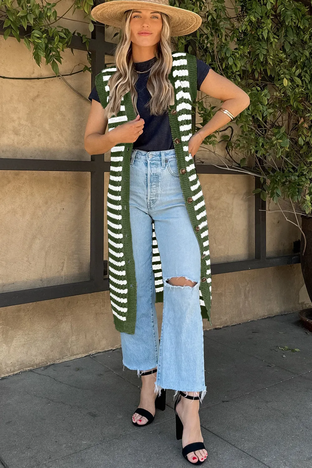 Blackish Green Buttoned Front Sleeveless Pencil Midi Sweater Dress