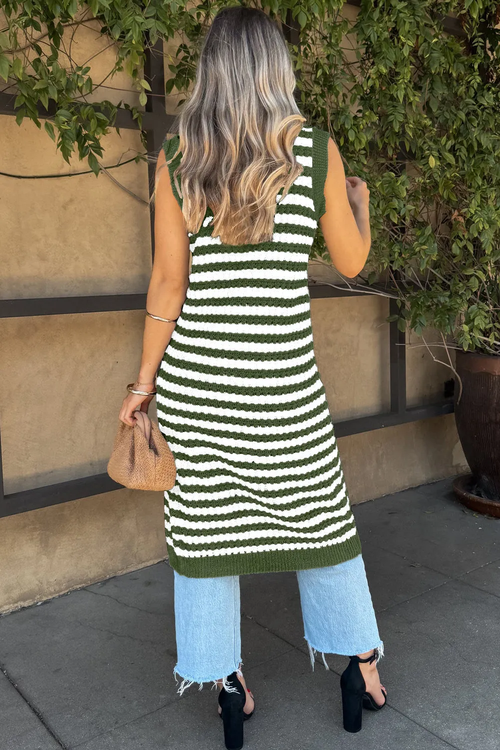Blackish Green Buttoned Front Sleeveless Pencil Midi Sweater Dress