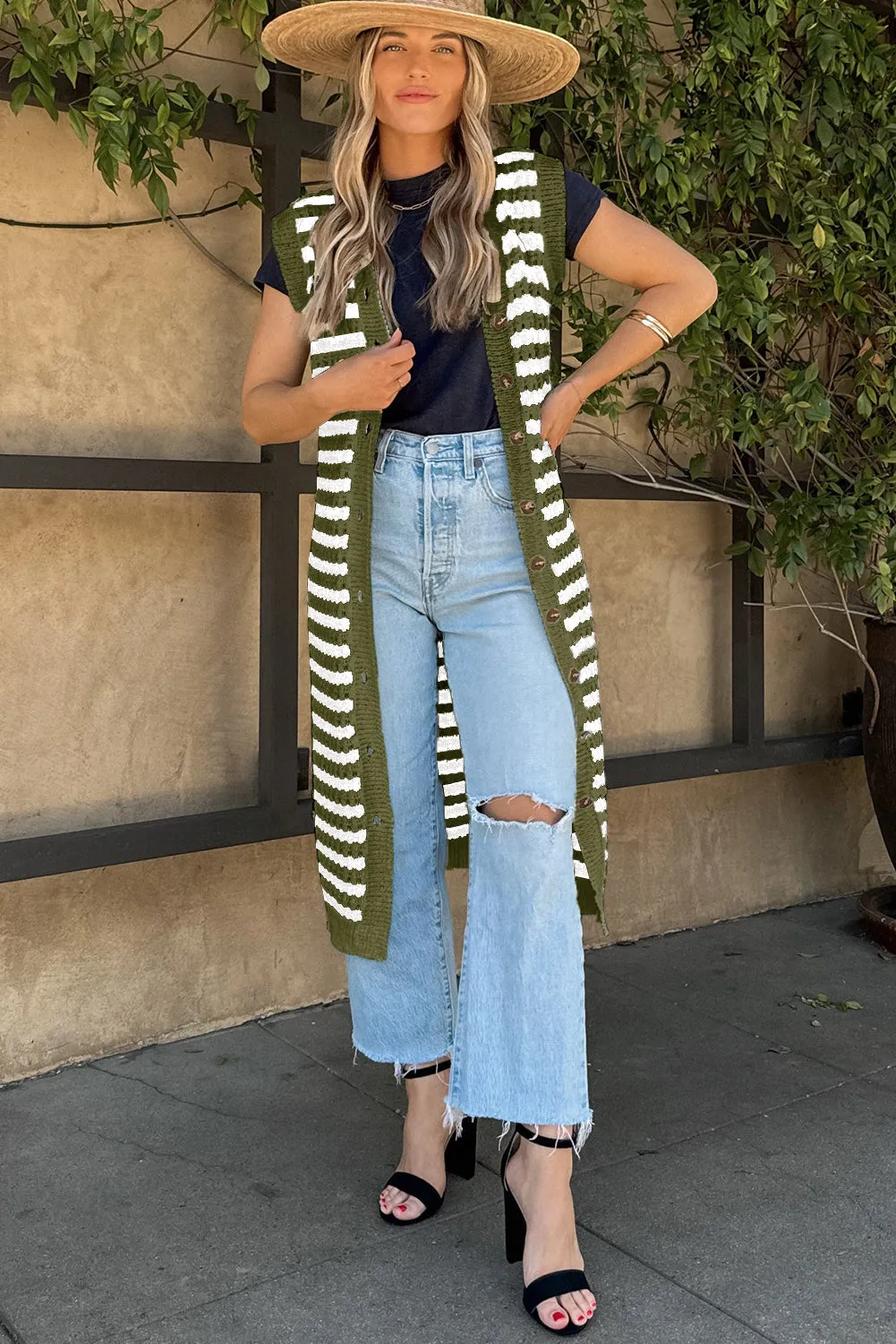 Blackish Green Buttoned Front Sleeveless Pencil Midi Sweater Dress