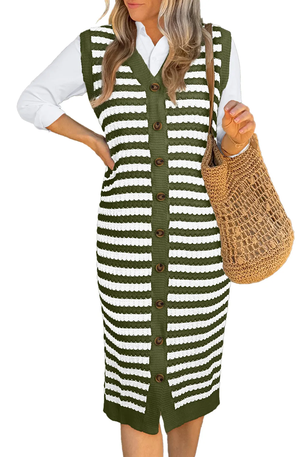 Blackish Green Buttoned Front Sleeveless Pencil Midi Sweater Dress