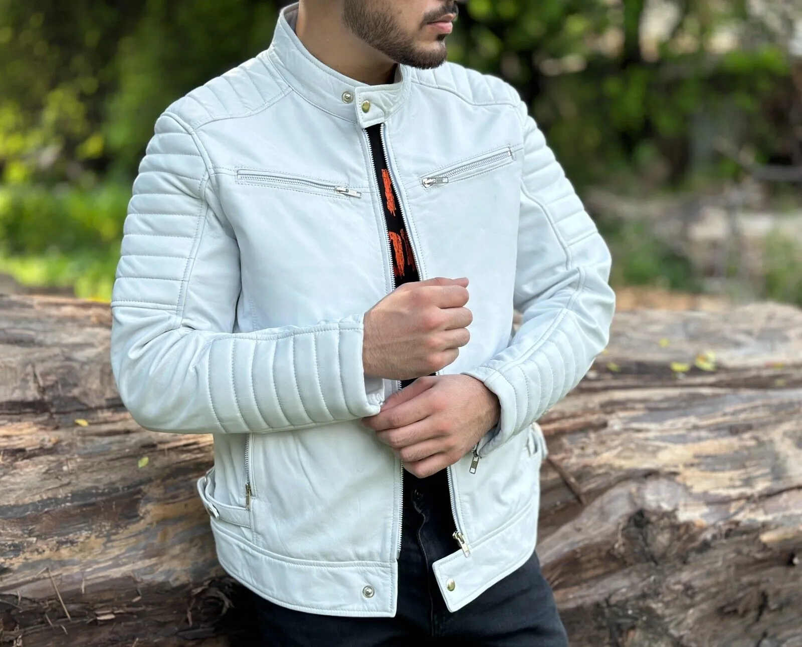 Blaze Genuine Biker Motorcycle Leather Jacket Men White