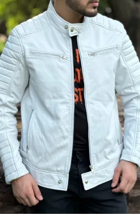 Blaze Genuine Biker Motorcycle Leather Jacket Men White