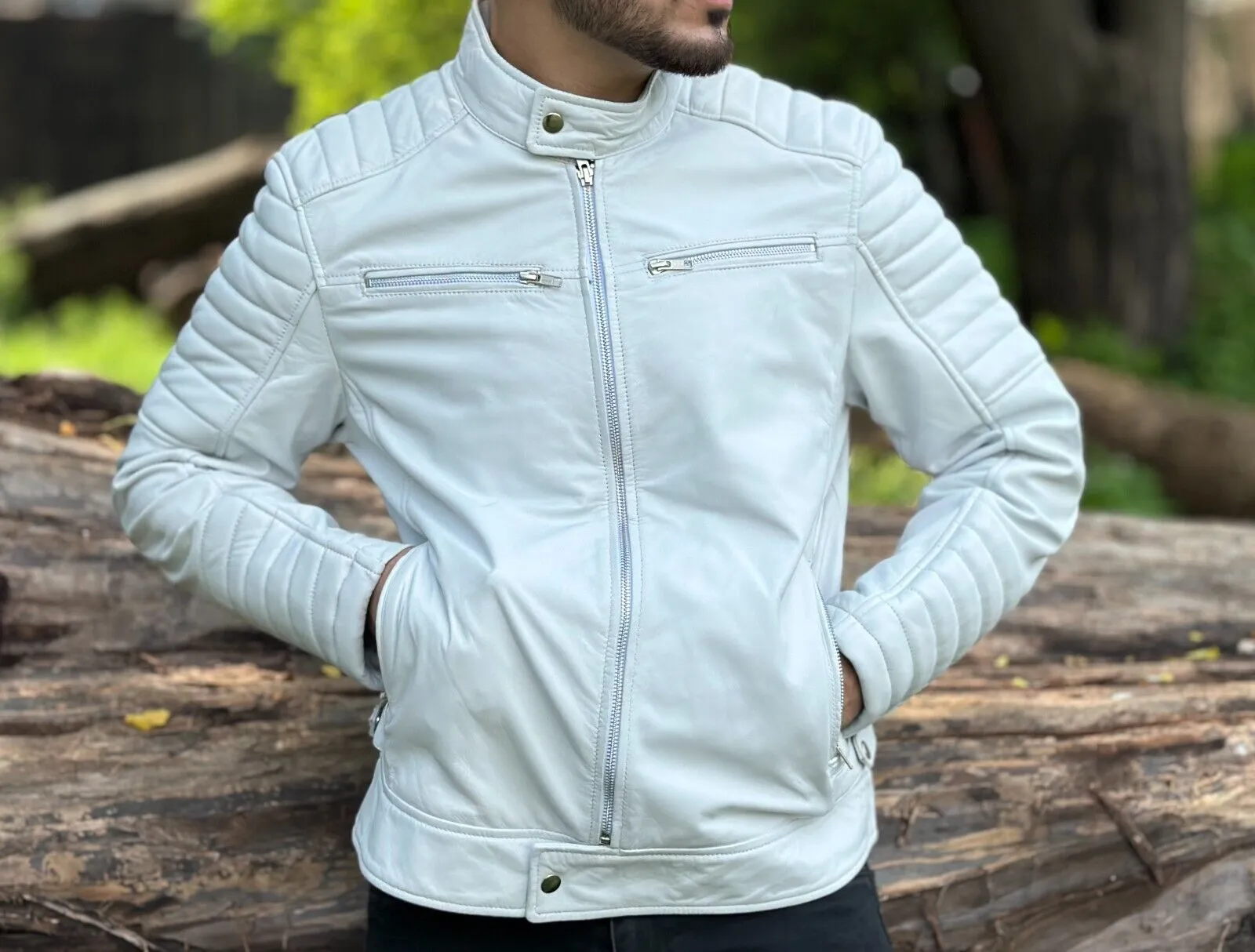 Blaze Genuine Biker Motorcycle Leather Jacket Men White