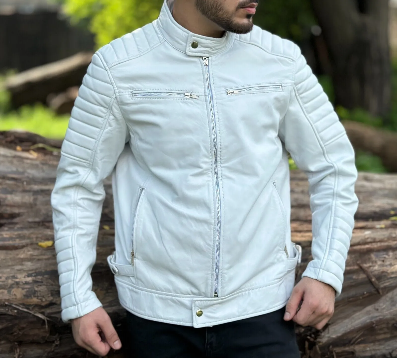 Blaze Genuine Biker Motorcycle Leather Jacket Men White
