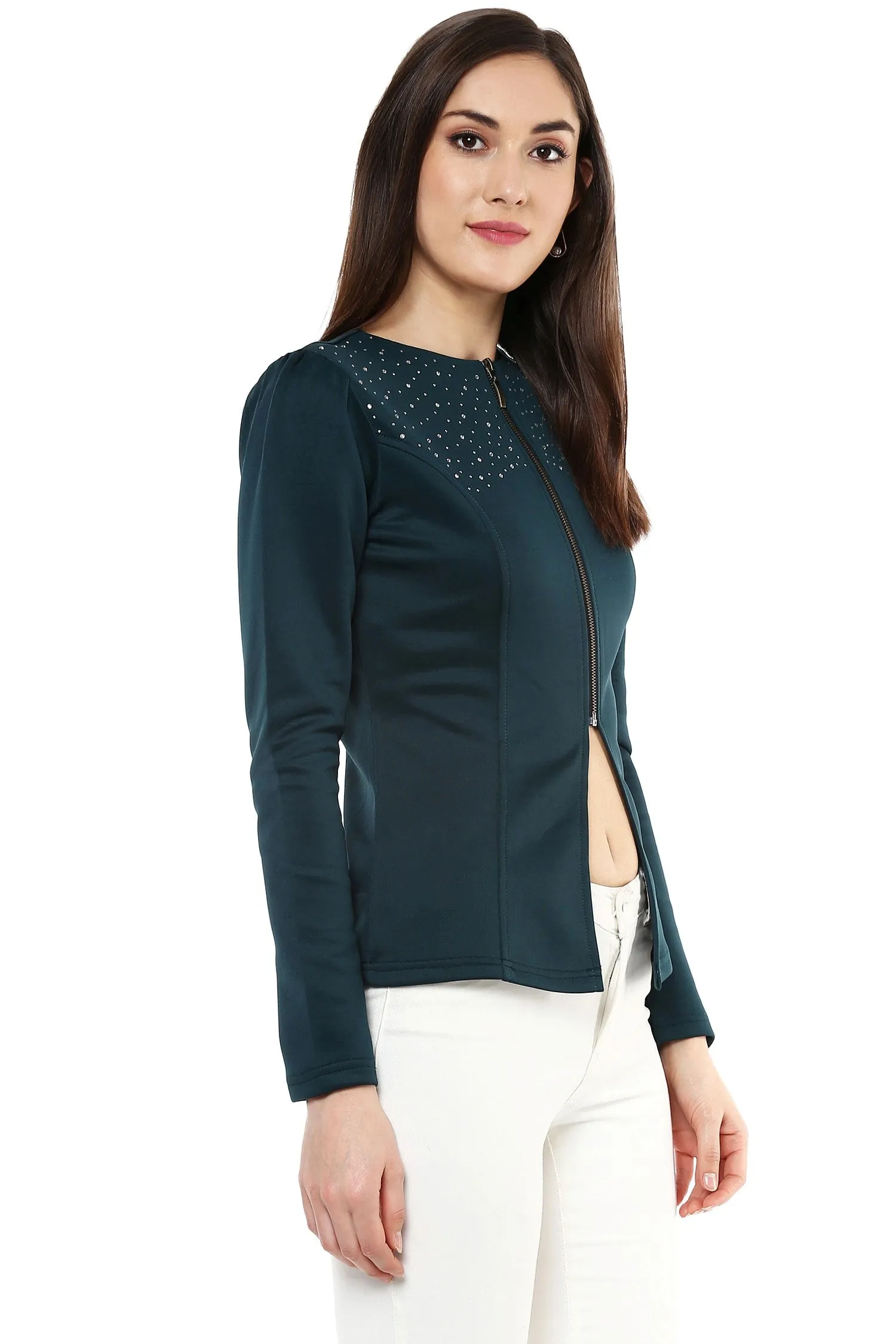 Bottle Green Crystal Studded Jacket