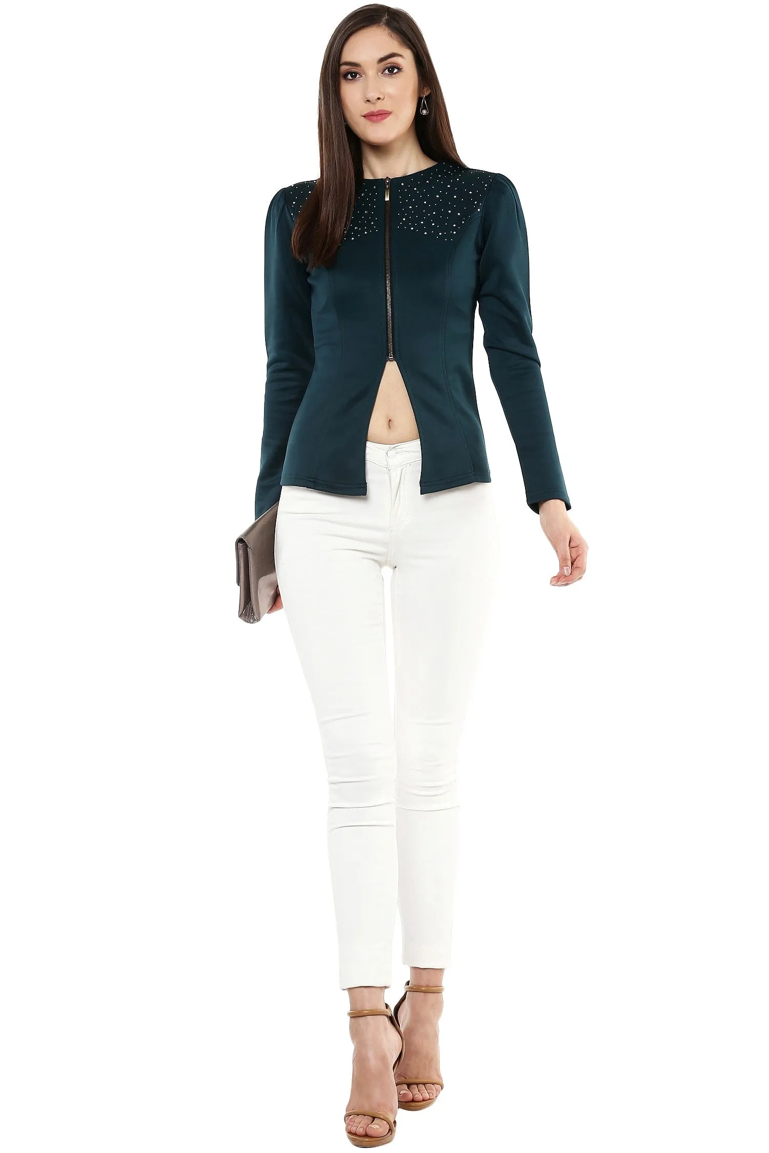 Bottle Green Crystal Studded Jacket