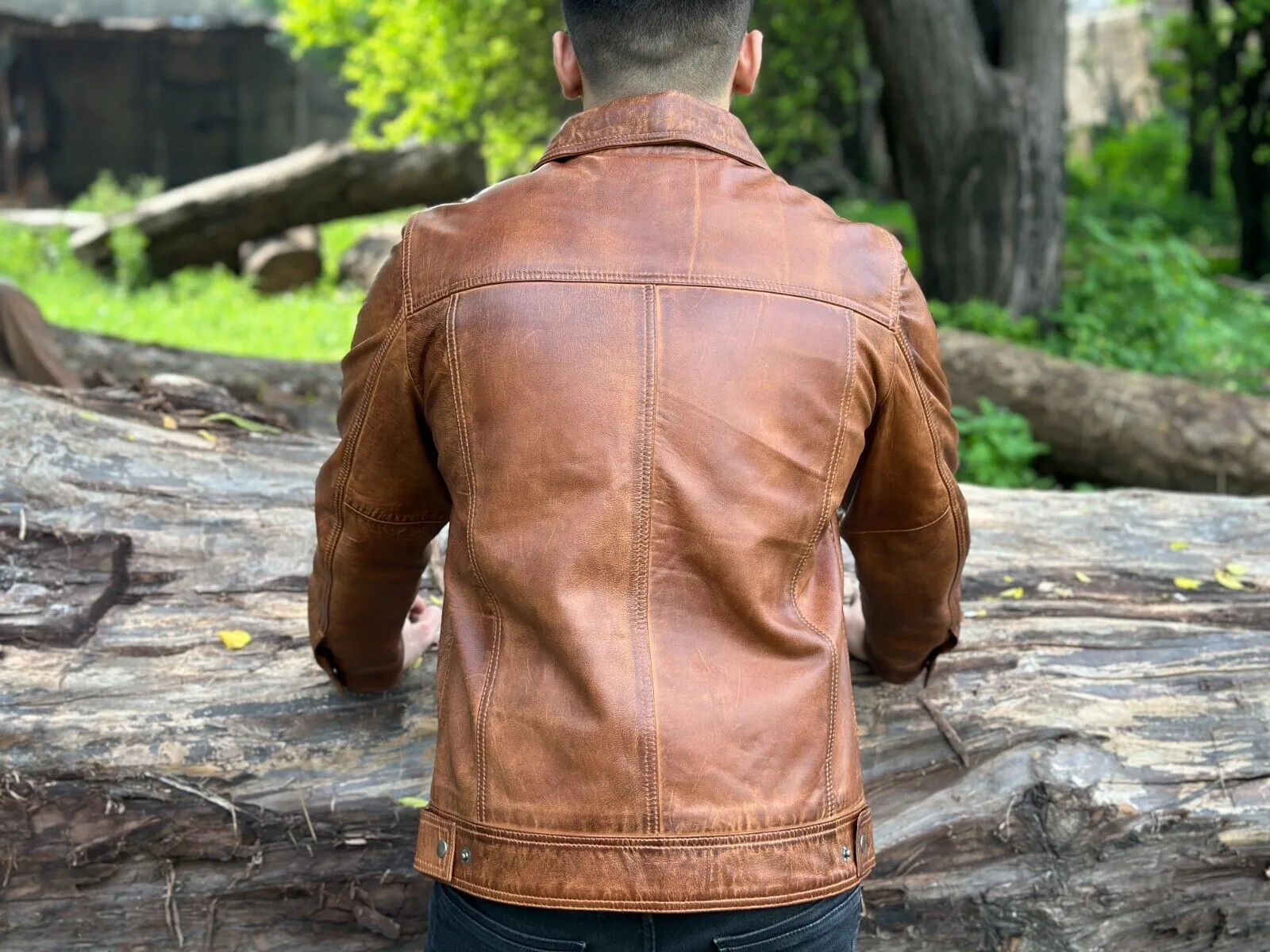 Bru Genuine Biker Motorcycle Leather Jacket Men Brown