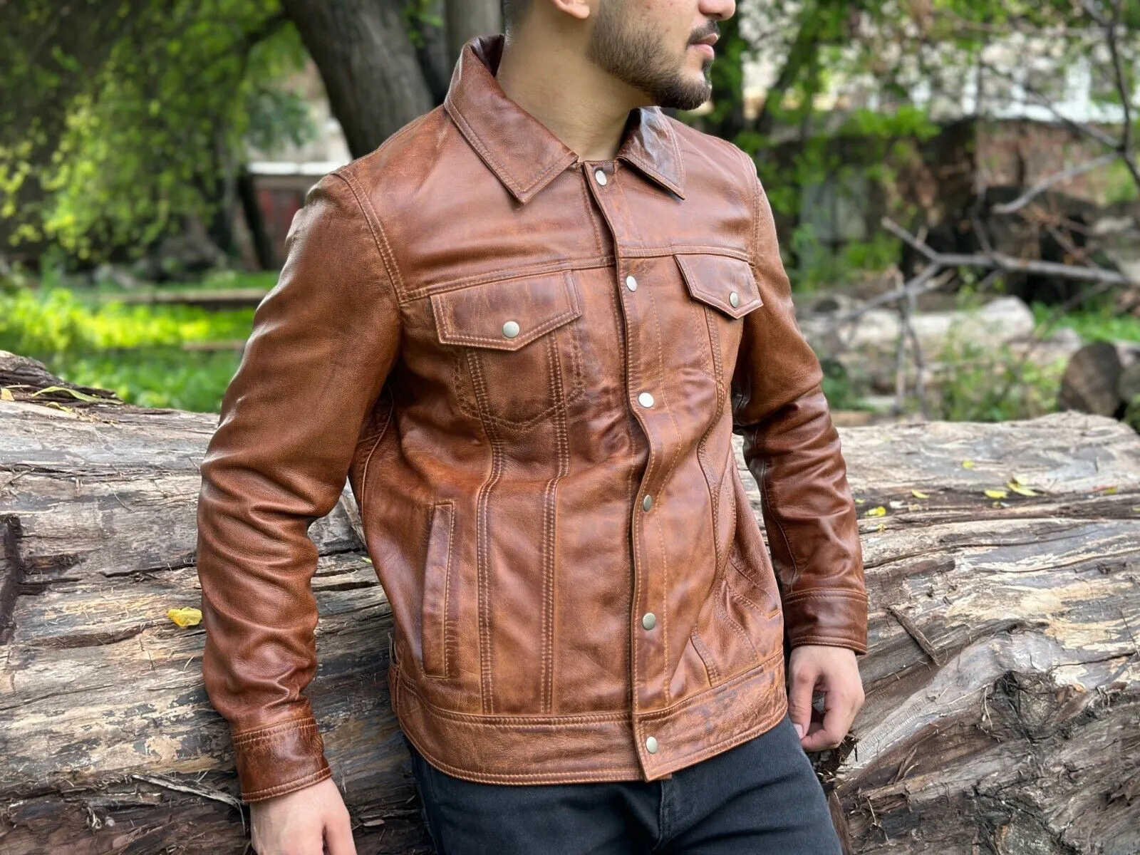 Bru Genuine Biker Motorcycle Leather Jacket Men Brown