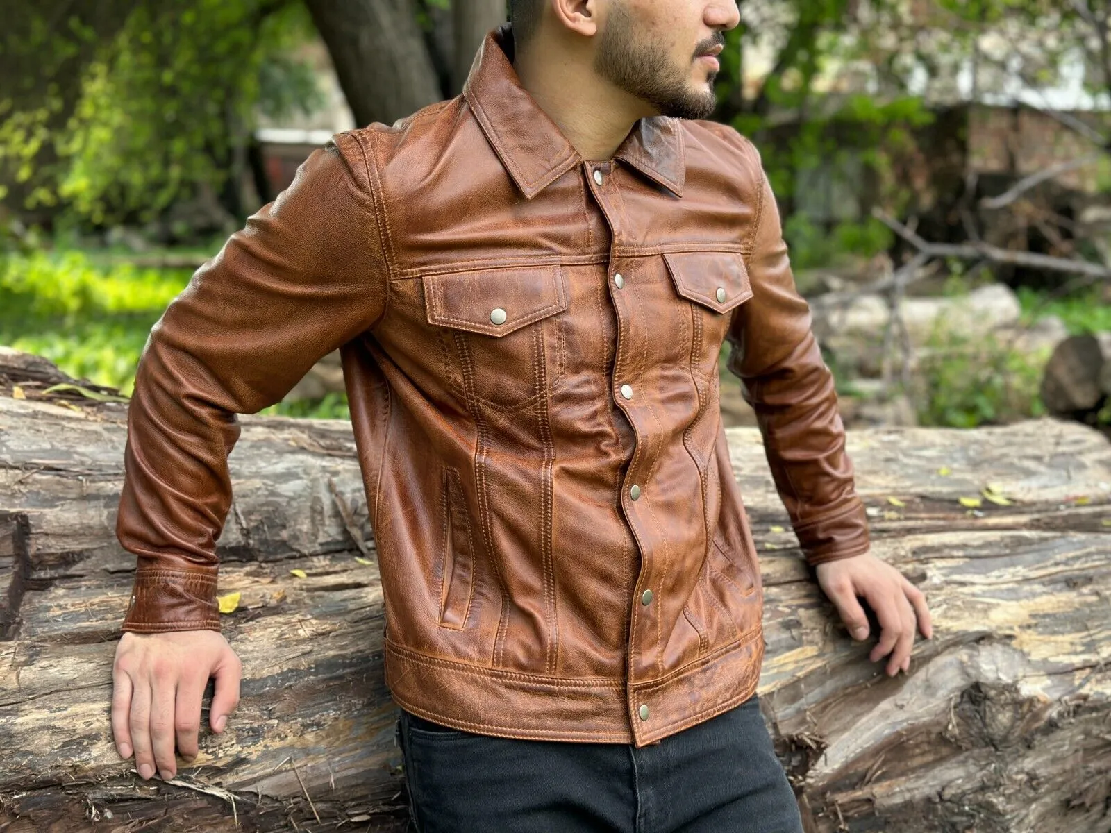 Bru Genuine Biker Motorcycle Leather Jacket Men Brown