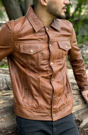 Bru Genuine Biker Motorcycle Leather Jacket Men Brown