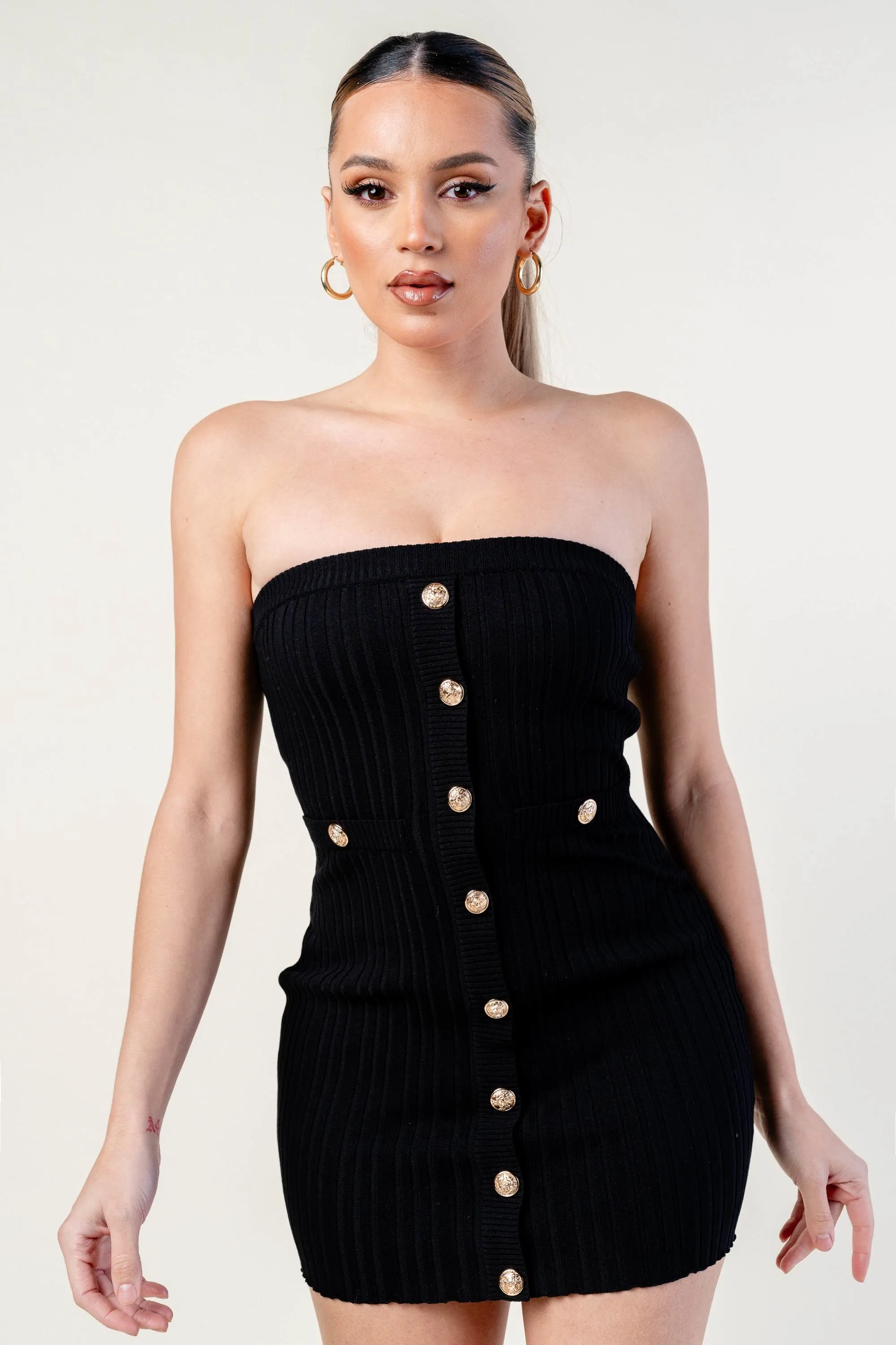 CHIC SWEATER RIB GOLD BUTTON DOWN TUBE MINI DRESS