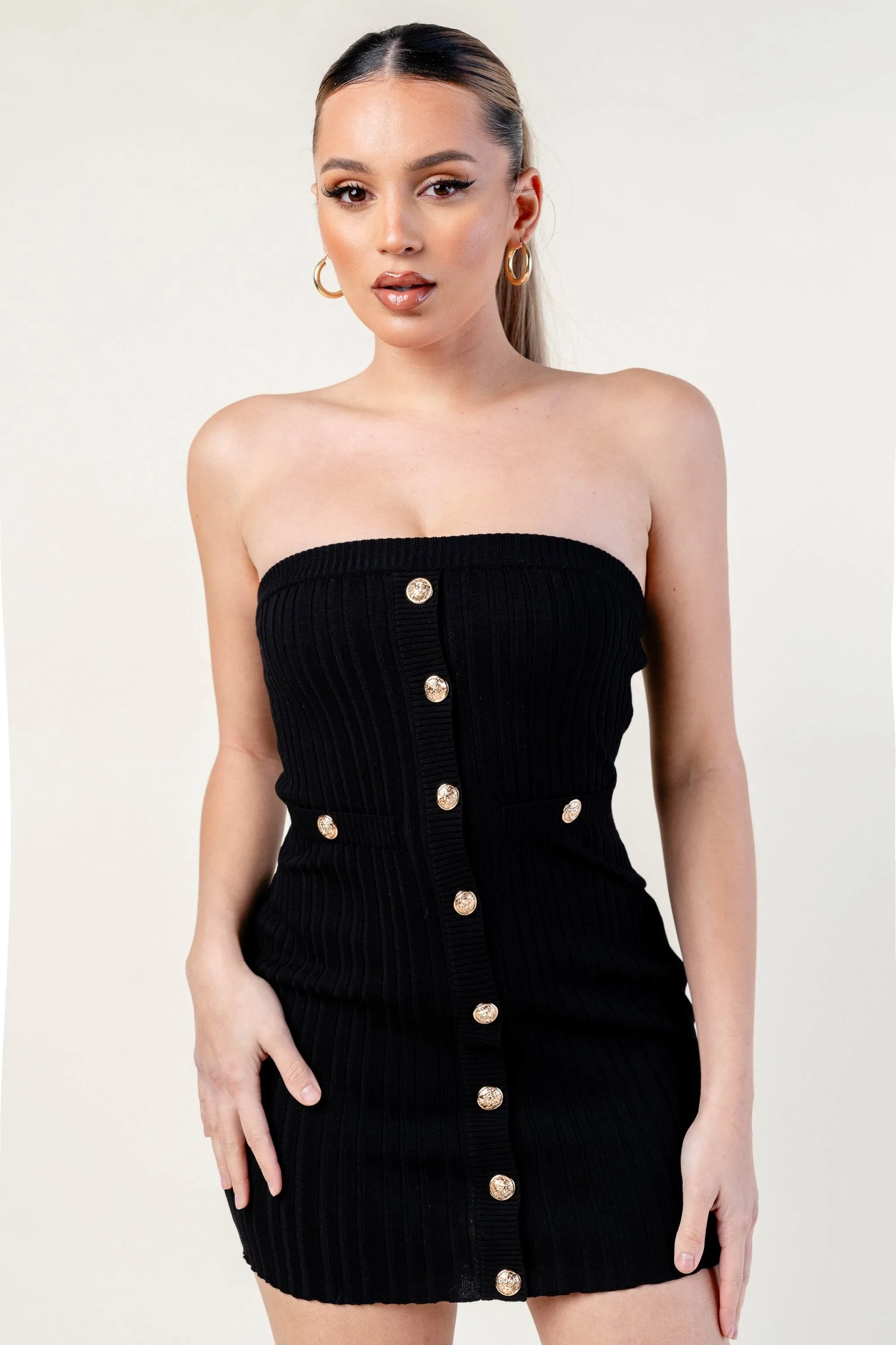 CHIC SWEATER RIB GOLD BUTTON DOWN TUBE MINI DRESS