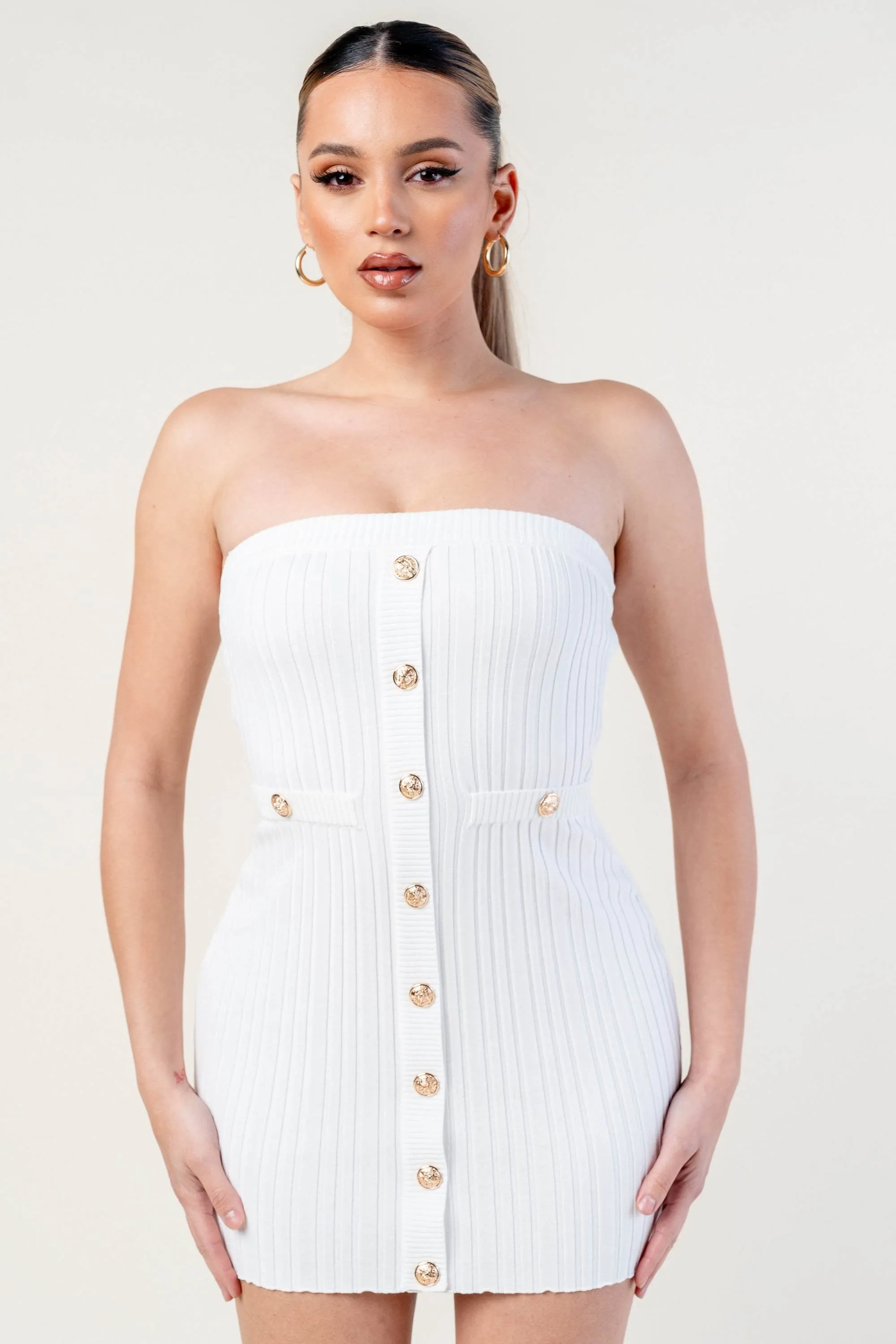 CHIC SWEATER RIB GOLD BUTTON DOWN TUBE MINI DRESS
