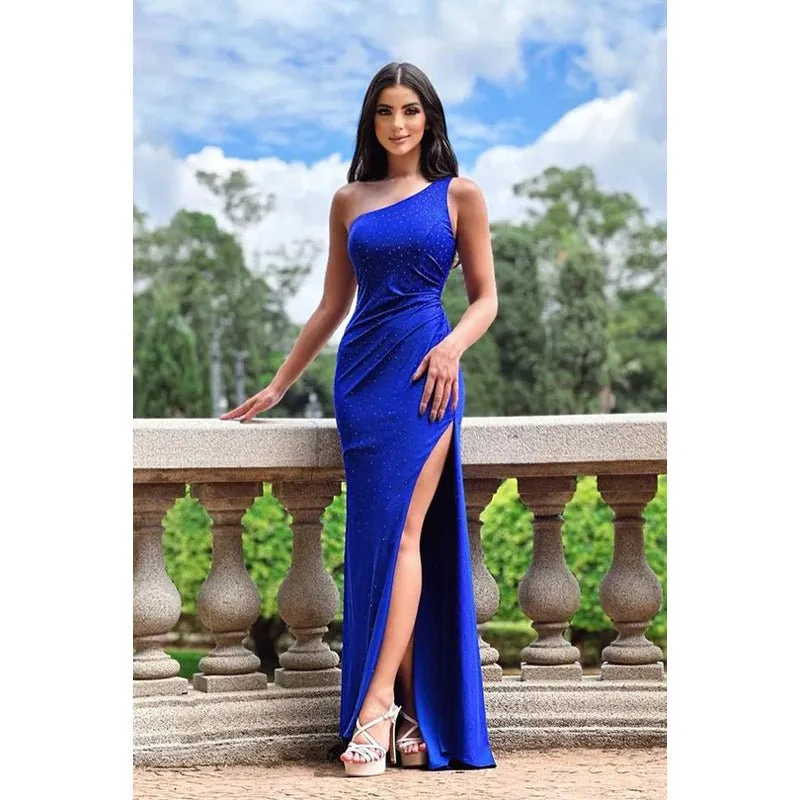 Classic One Shoulder Sleeveless Fully Beaded Sheath Side Slit Backless Party Prom Dress