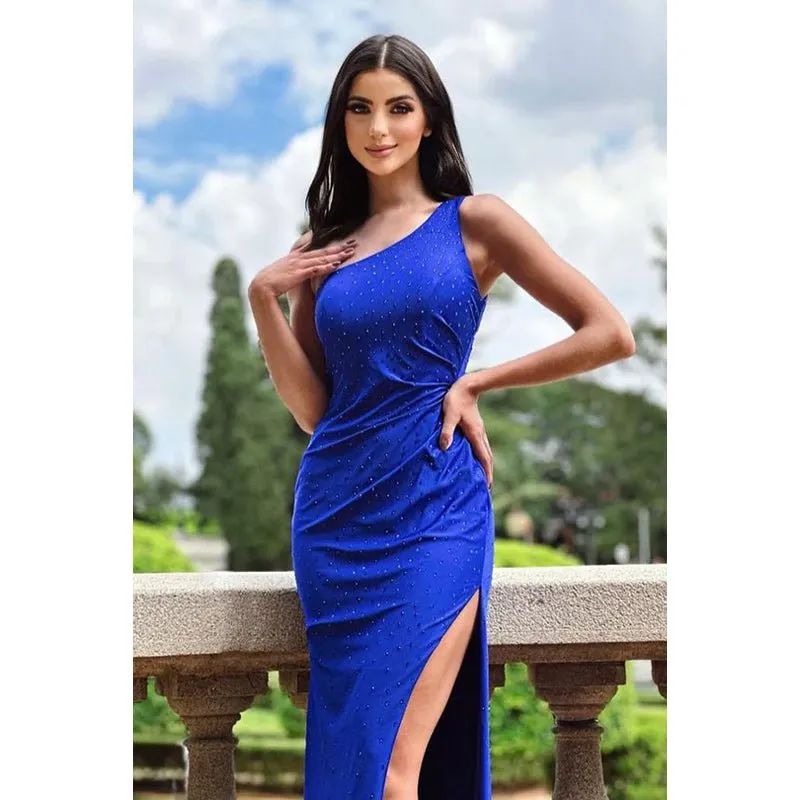 Classic One Shoulder Sleeveless Fully Beaded Sheath Side Slit Backless Party Prom Dress