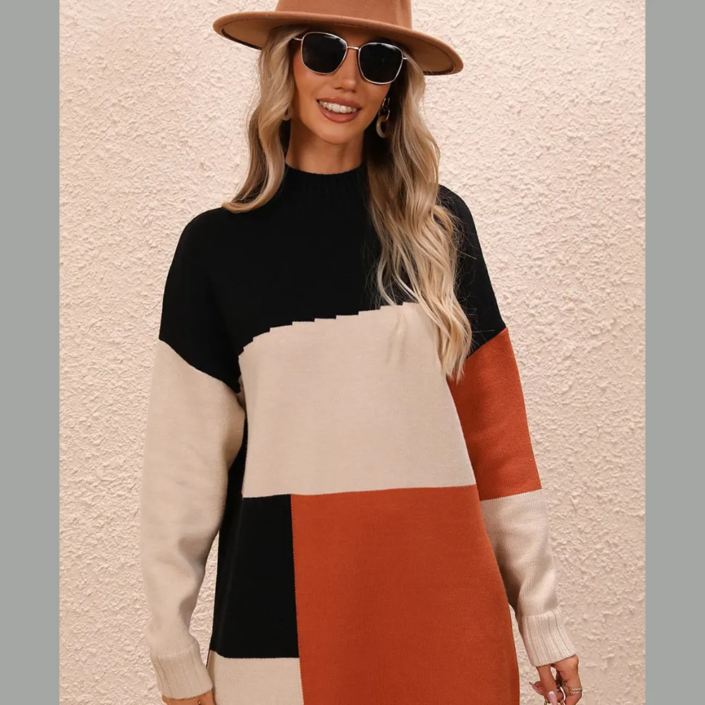 Color Block Mock Neck Dropped Shoulder Sweater Dress