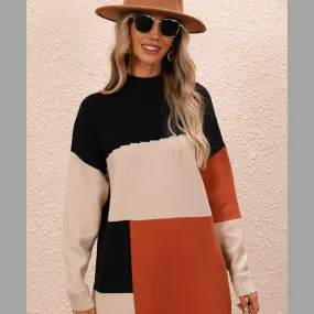 Color Block Mock Neck Dropped Shoulder Sweater Dress