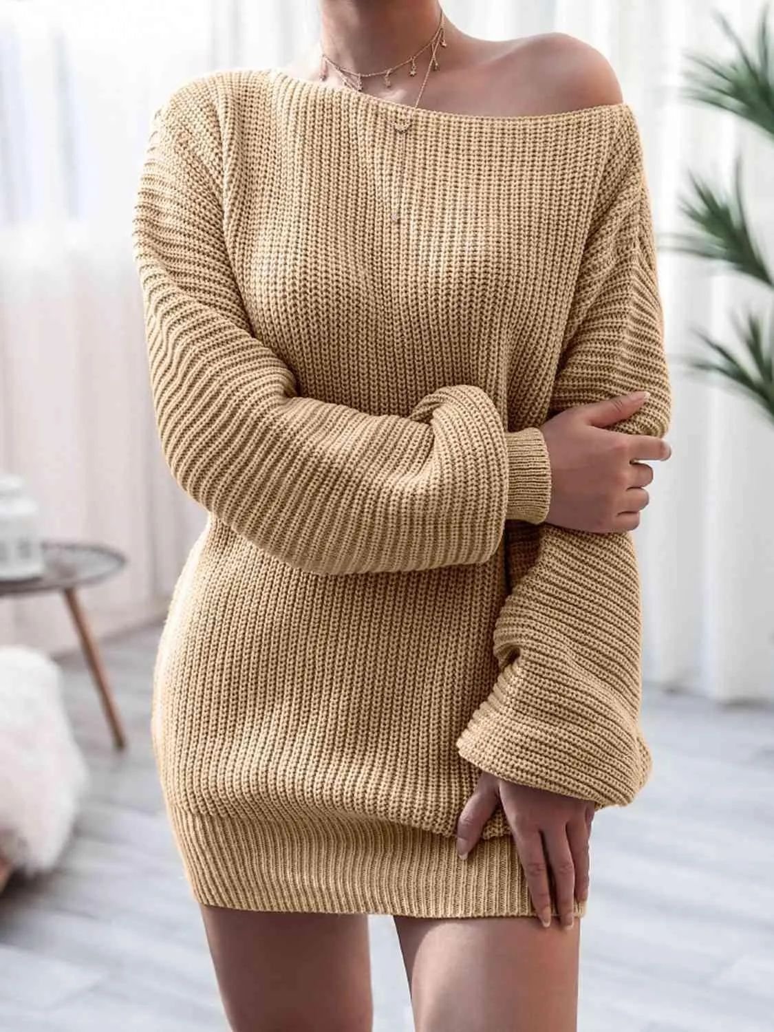 Cozy Fascination Rib-Knit Boat Neck Sweater Dress