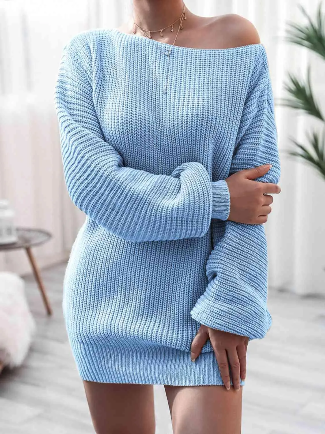 Cozy Fascination Rib-Knit Boat Neck Sweater Dress