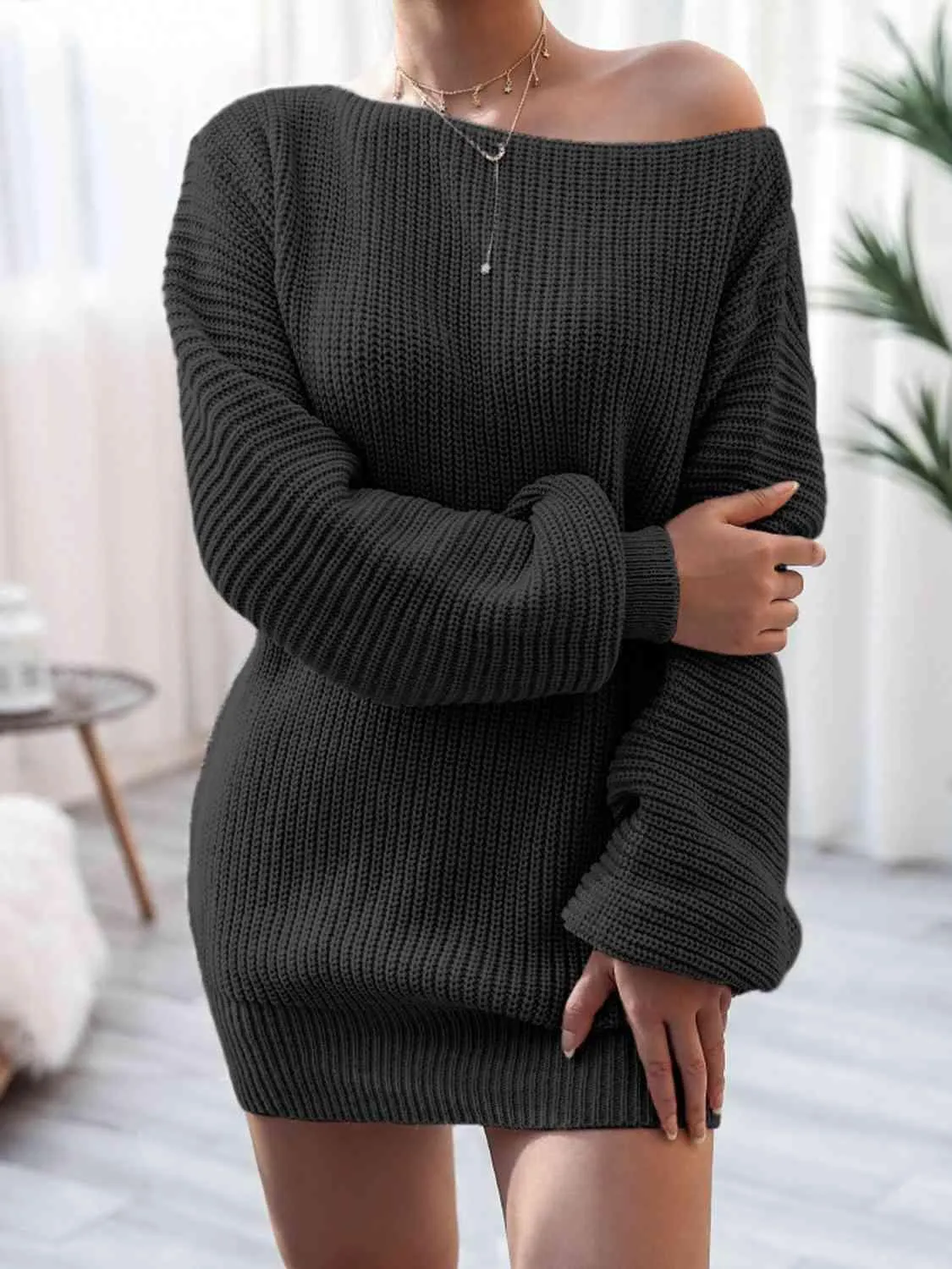 Cozy Fascination Rib-Knit Boat Neck Sweater Dress