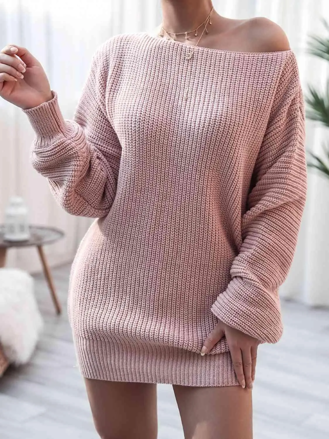 Cozy Fascination Rib-Knit Boat Neck Sweater Dress