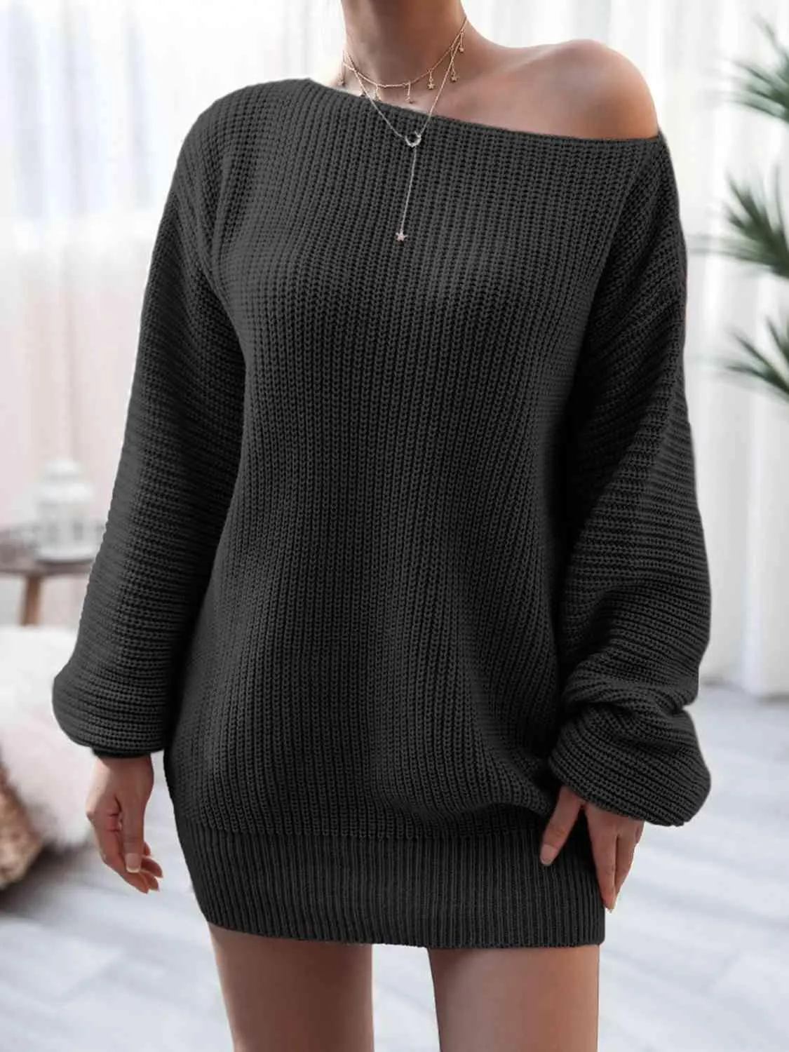 Cozy Fascination Rib-Knit Boat Neck Sweater Dress