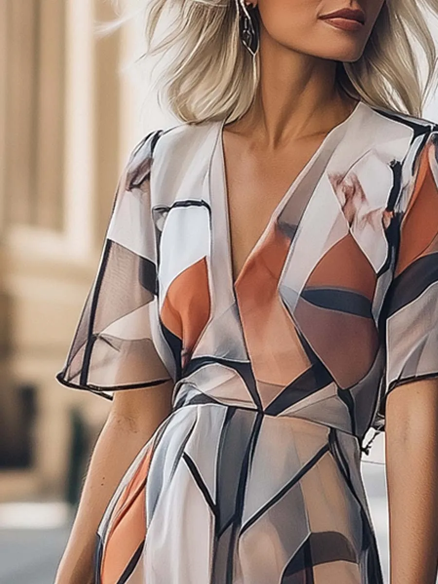 Elegant Geometric Print Chiffon Dress
