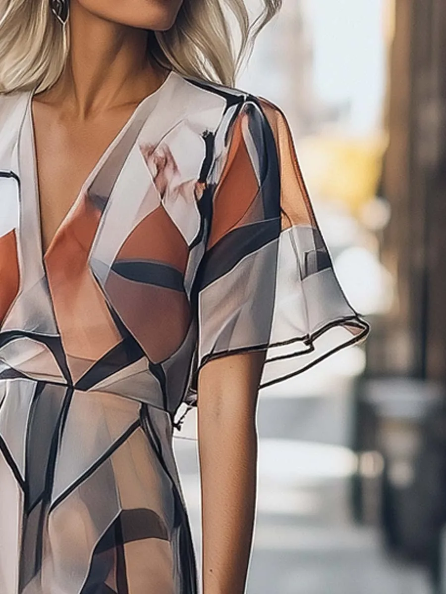 Elegant Geometric Print Chiffon Dress