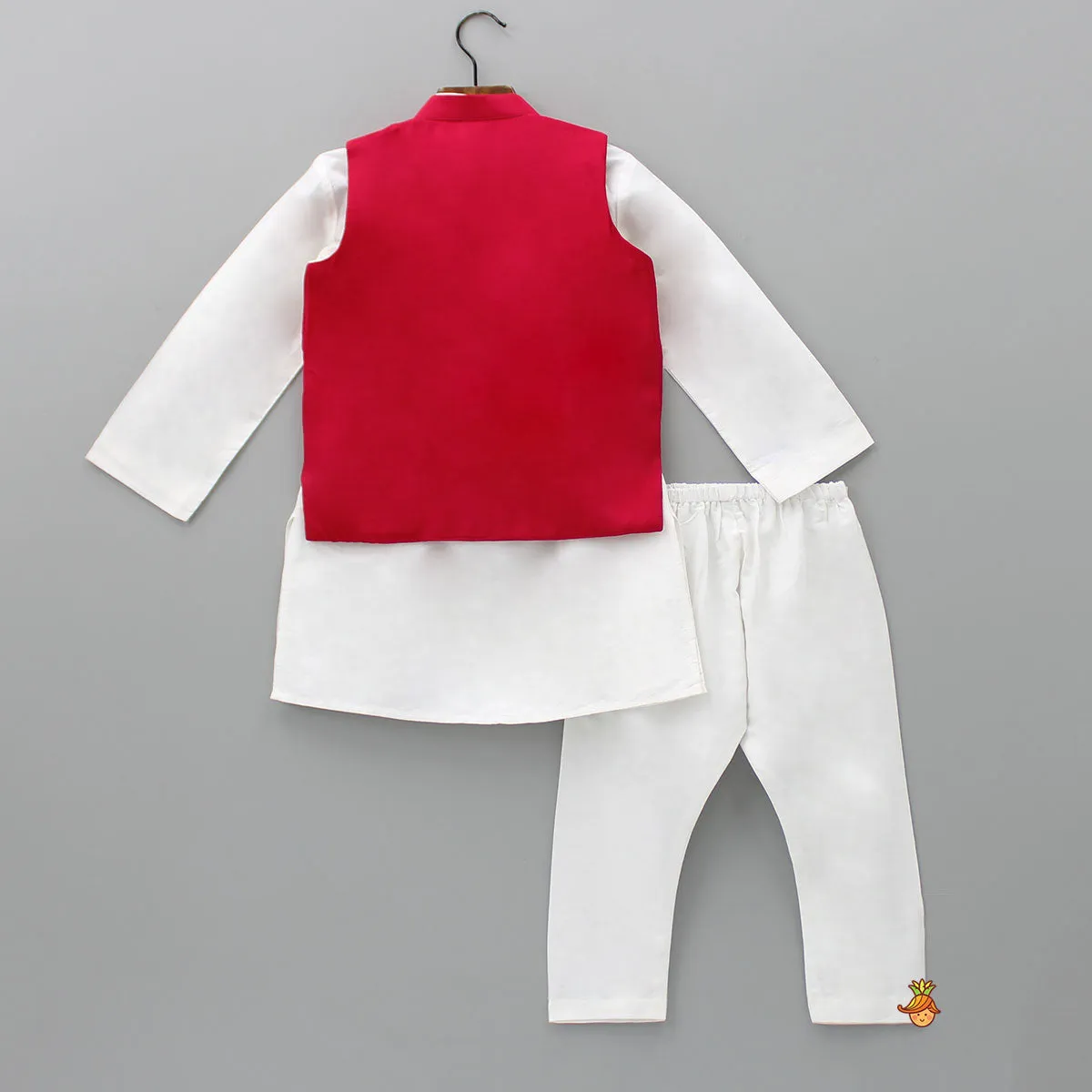 Ethnic Kurta With Shimmery Buttons Adorned Red Jacket And Pyjama