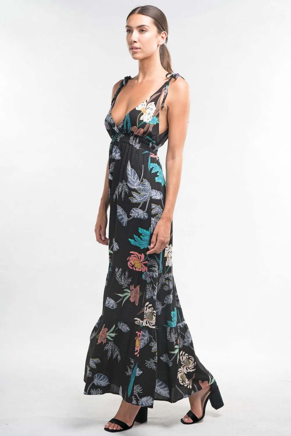 Floral Print Plunge V Neck Maxi Spring Dress