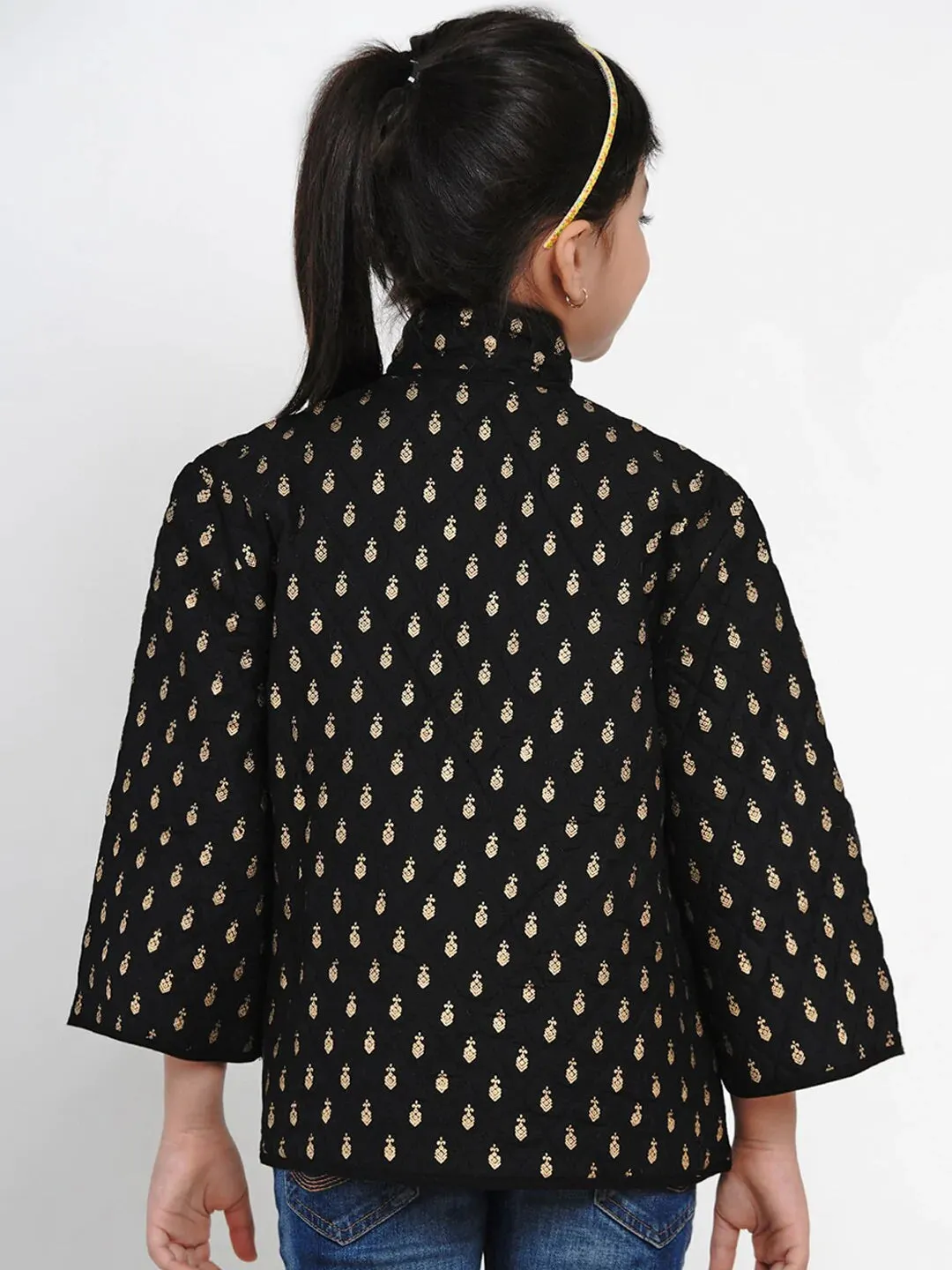 Girls Black & Gold Self Design Tailored Jacket