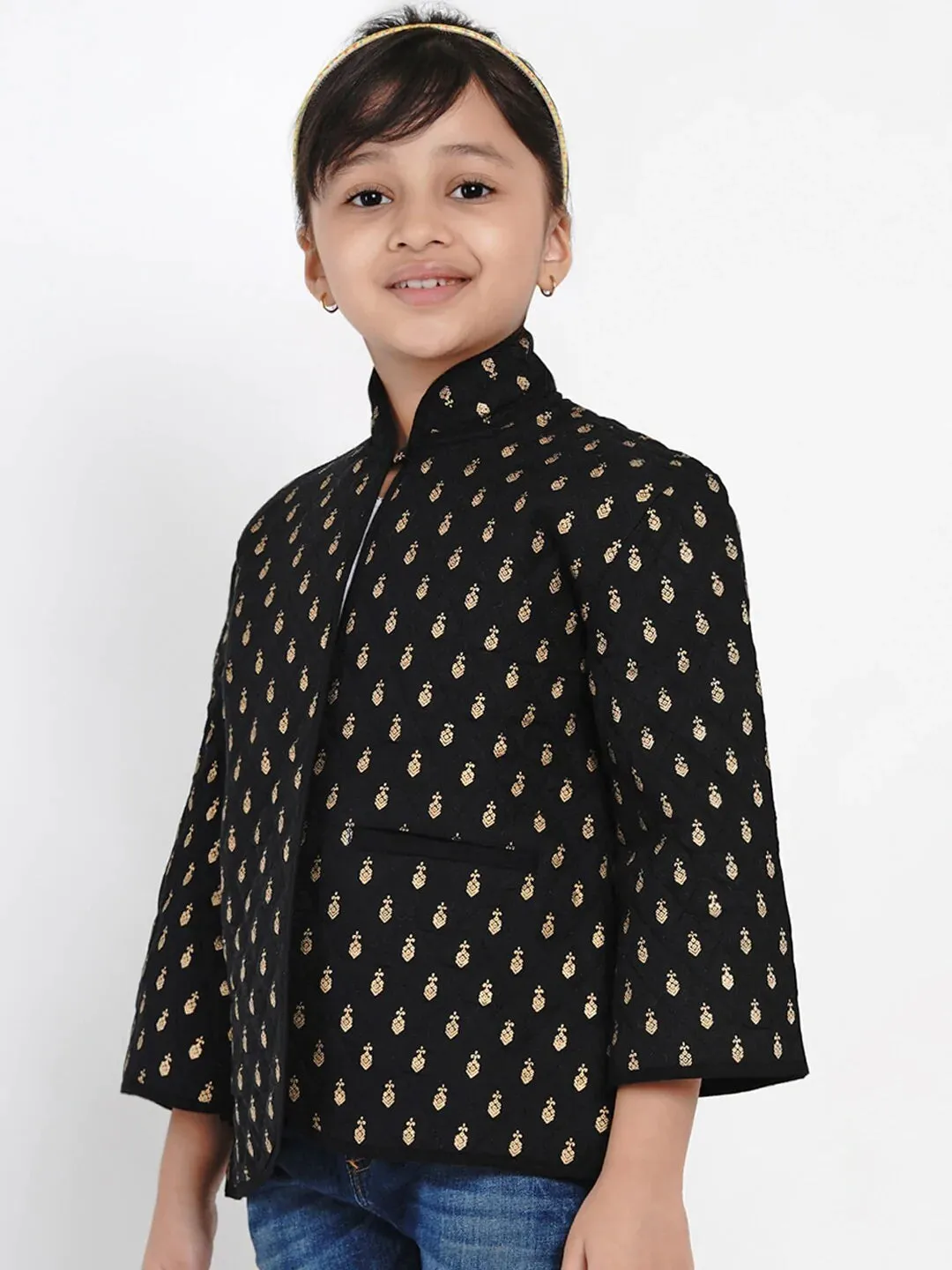 Girls Black & Gold Self Design Tailored Jacket
