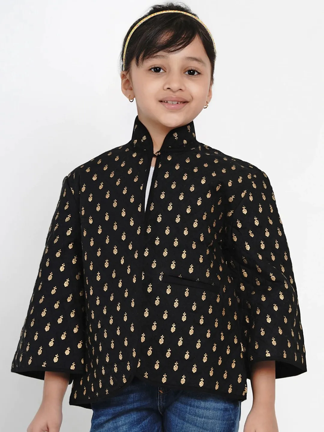 Girls Black & Gold Self Design Tailored Jacket